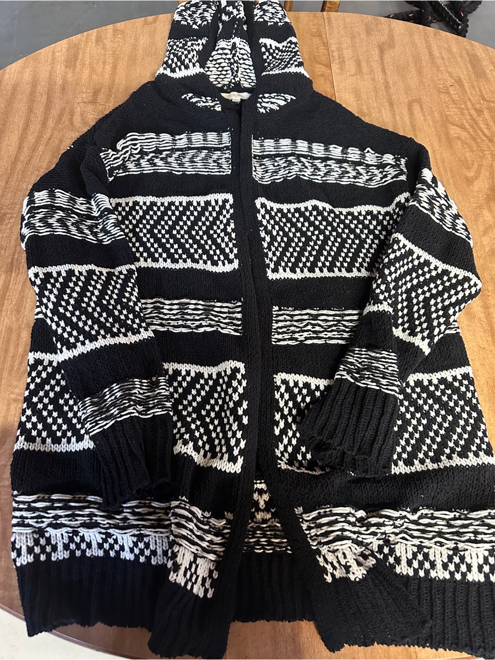 Rewind Black and White Hooded Zip Knit Cardigan